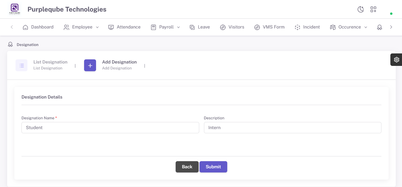 Add Designation form with Designation Name and Description input fields